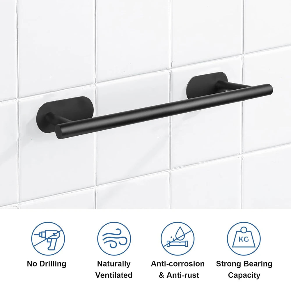 40 cm Stainless Steel Towel Holder – No-Drill Self-Adhesive Wall-Mounted Rail for Bathroom & Kitchen