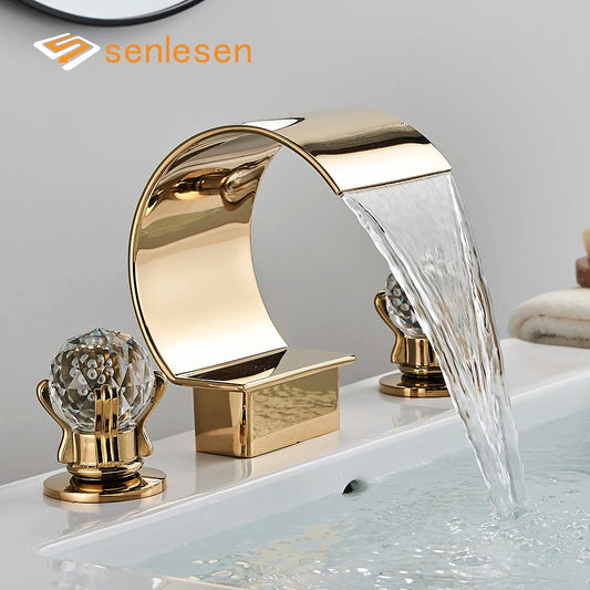 Senlesen Luxury Gold Waterfall Basin Faucet – Dual Crystal Handles, Brass Widespread Deck-Mounted Mixer