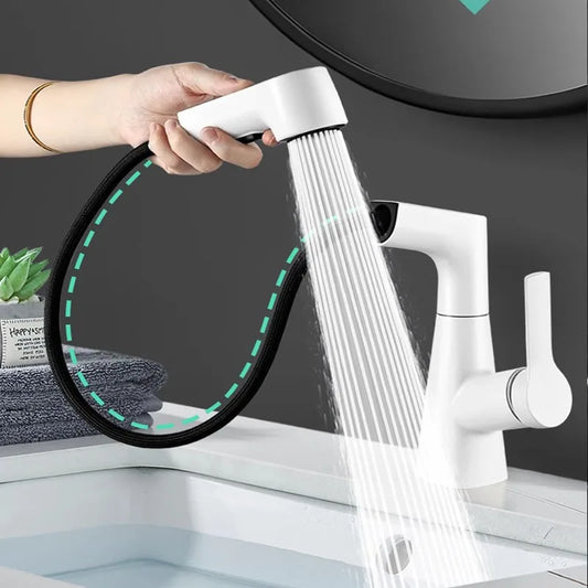 Dual-Function Pull-Down Bathroom Faucet – Adjustable Height, 360° Rotation, Anti-Leak Brass Core (Black / Silver / White)