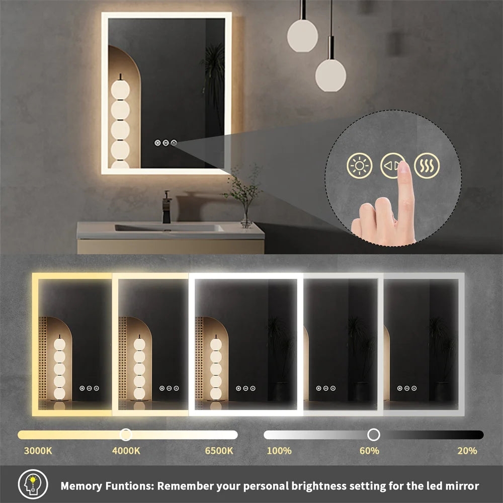 LUVODI Rectangular LED Bathroom Mirror – Dimmable Backlit Anti-Fog Touch Vanity Mirror