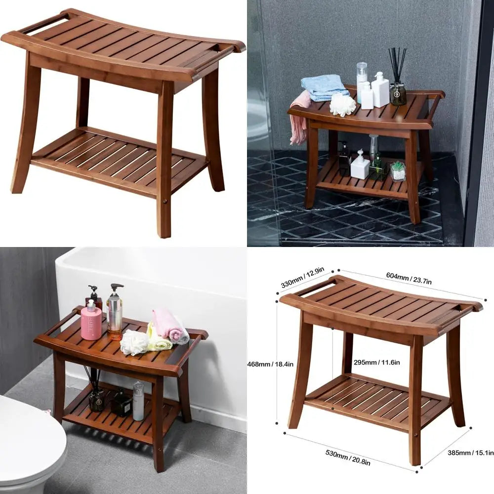 Forevich Bamboo Shower Bench – Waterproof Spa Bath Seat with Storage Shelf (Chestnut Brown)