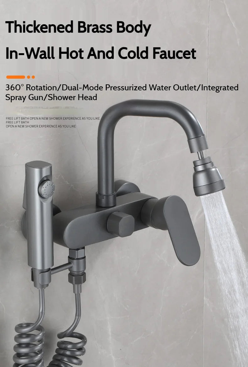 Wall-Mounted Brass Bathtub Faucet with Long Spout and Spray Gun – Hot & Cold Mixer Tap