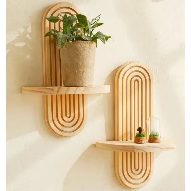 Wooden Wall Mounted Storage Rack – Boho Style Display Shelves for Modern Home Decor