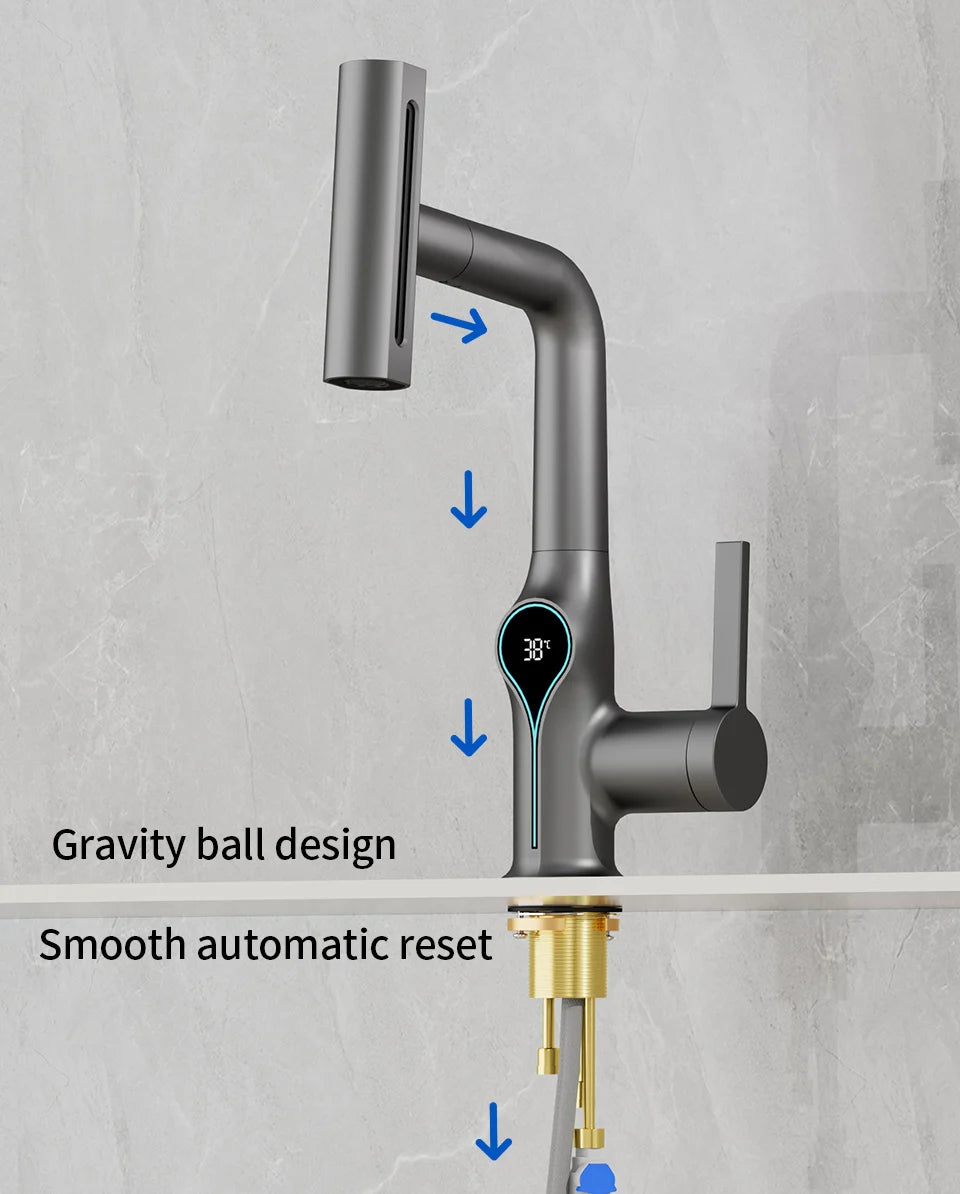 Waterfall Bathroom Faucet with Digital Temperature Display – Hot & Cold Lift-Up Basin Mixer Tap with Stream Sprayer