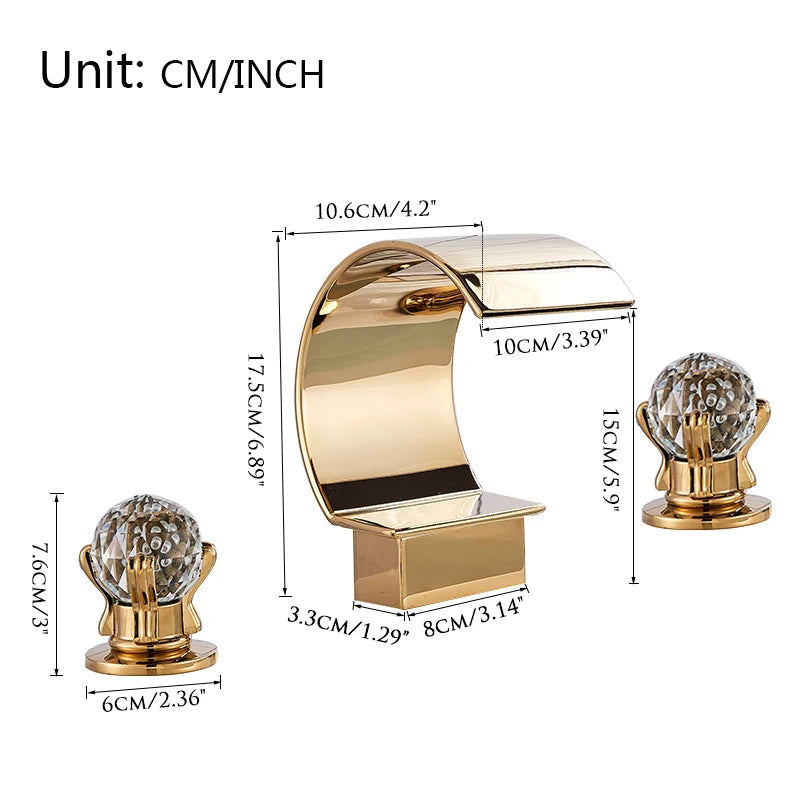 Senlesen Luxury Gold Waterfall Basin Faucet – Dual Crystal Handles, Brass Widespread Deck-Mounted Mixer