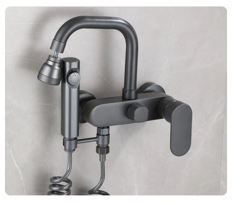 Wall-Mounted Brass Bathtub Faucet with Long Spout and Spray Gun – Hot & Cold Mixer Tap