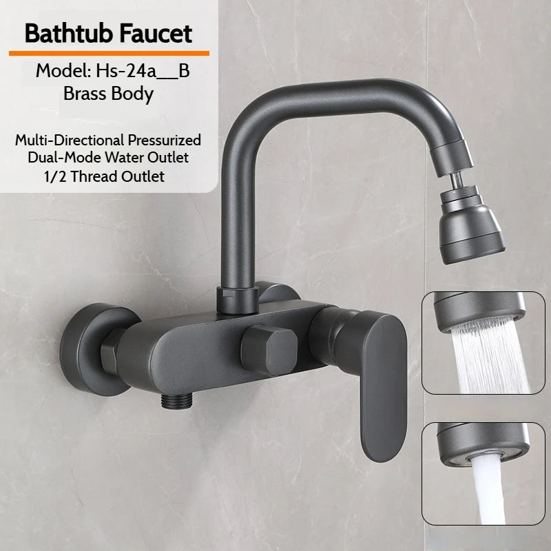 Wall-Mounted Brass Bathtub Faucet with Long Spout and Spray Gun – Hot & Cold Mixer Tap