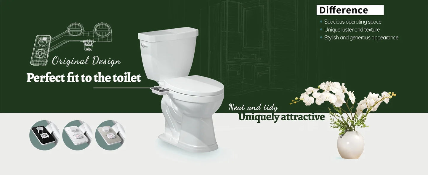 Ultra-Thin Non-Electric Bidet Attachment | Dual Nozzles, Front & Rear Wash