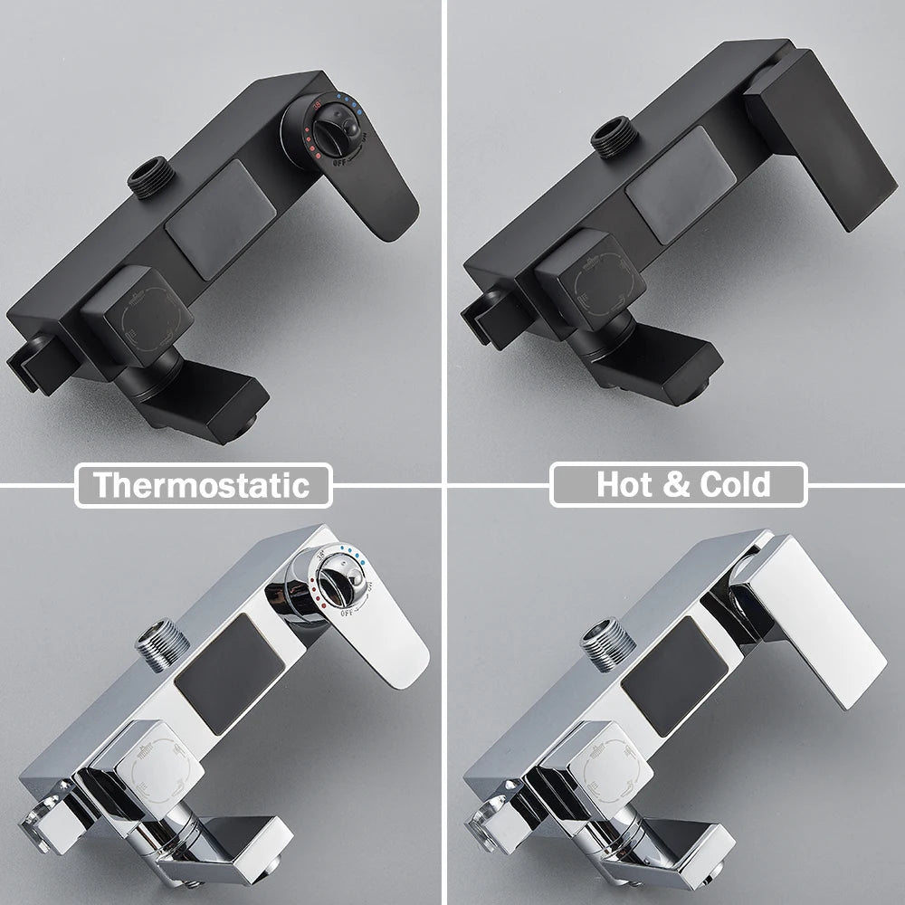 Black Digital Display Thermostatic Shower Faucet – 4-Way Rainfall Mixer Tap with Shelf & Bidet Faucets