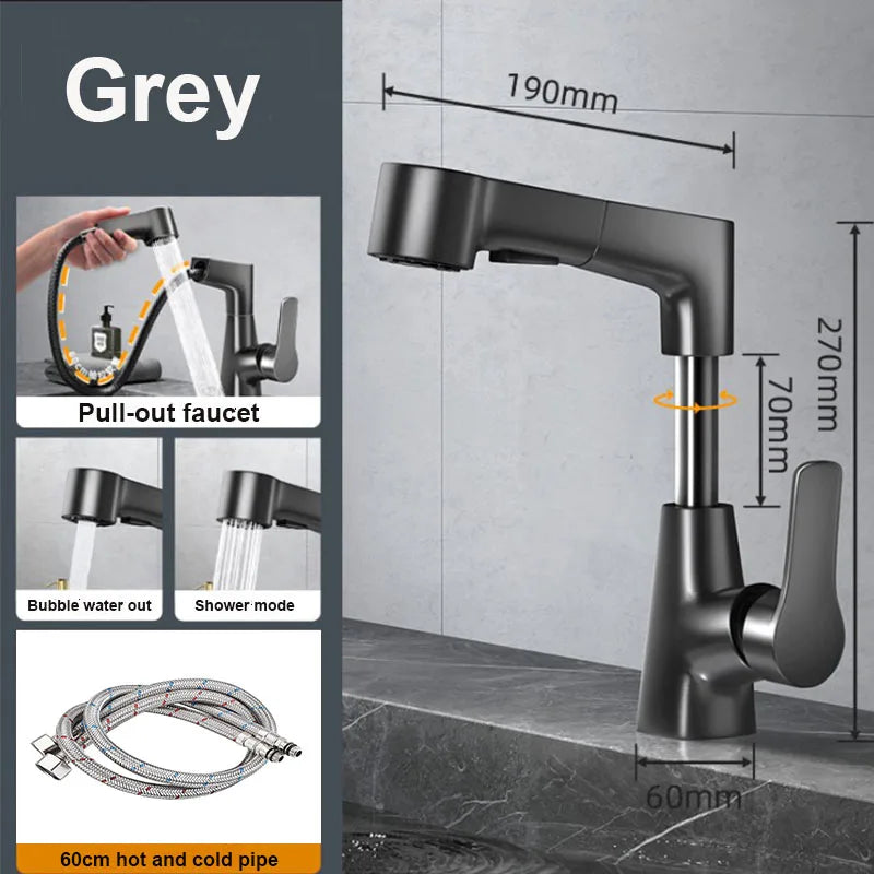 Dual-Function Pull-Down Bathroom Faucet – Adjustable Height, 360° Rotation, Anti-Leak Brass Core (Black / Silver / White)