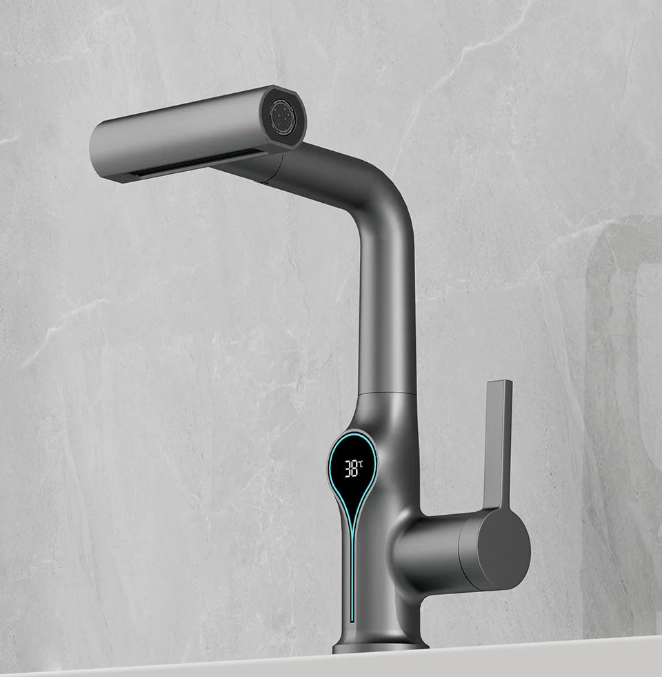 Waterfall Bathroom Faucet with Digital Temperature Display – Hot & Cold Lift-Up Basin Mixer Tap with Stream Sprayer