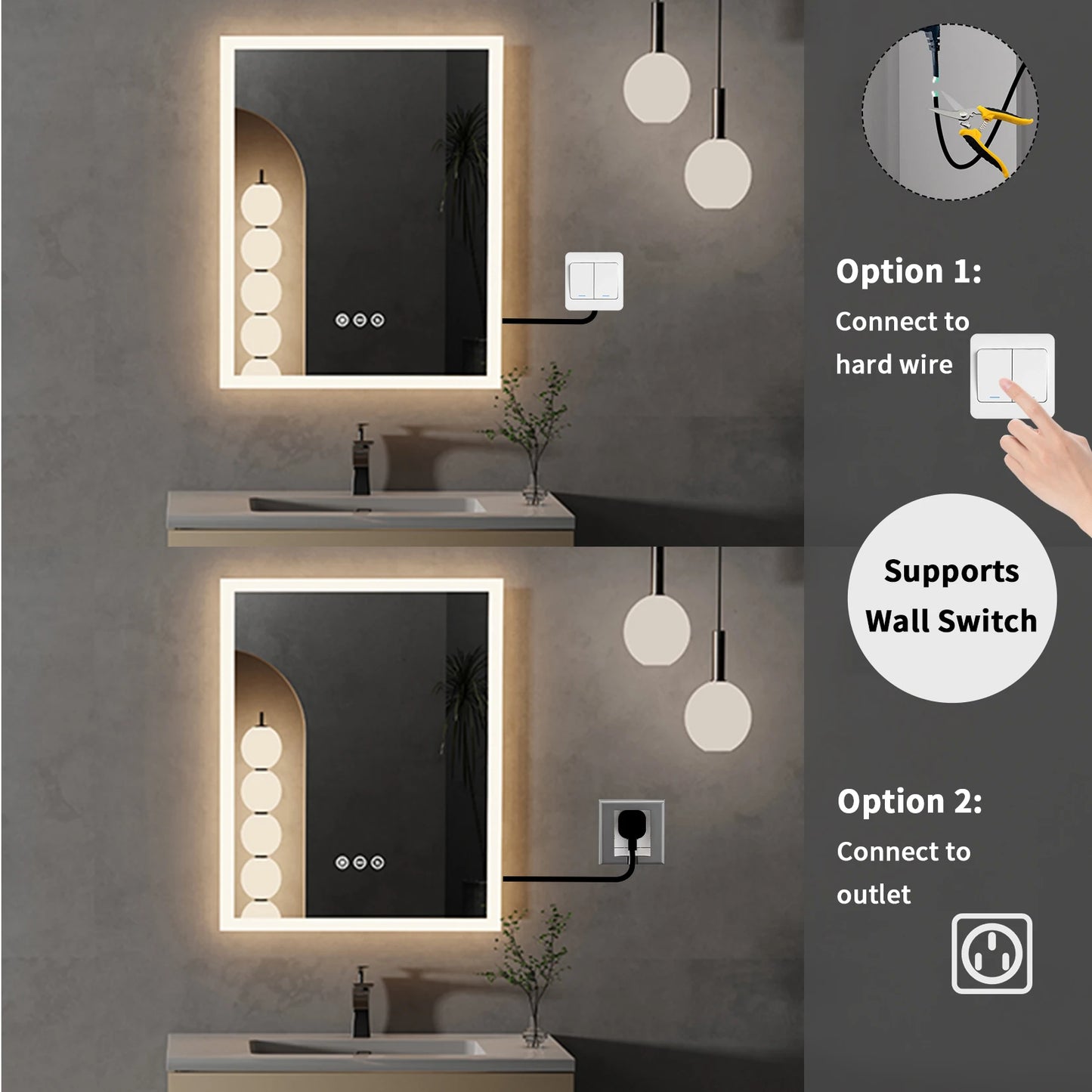 Vanity LED Bathroom Mirror – 16×20” Dimmable Illuminated Anti-Fog Wall Mirror with Touch Control