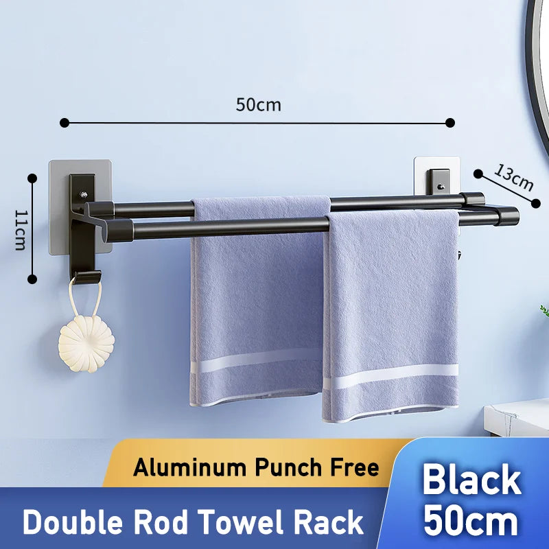 Double-Layer No-Drill Towel Rack – Self-Adhesive Aluminum Holder with Two Bars & Hooks