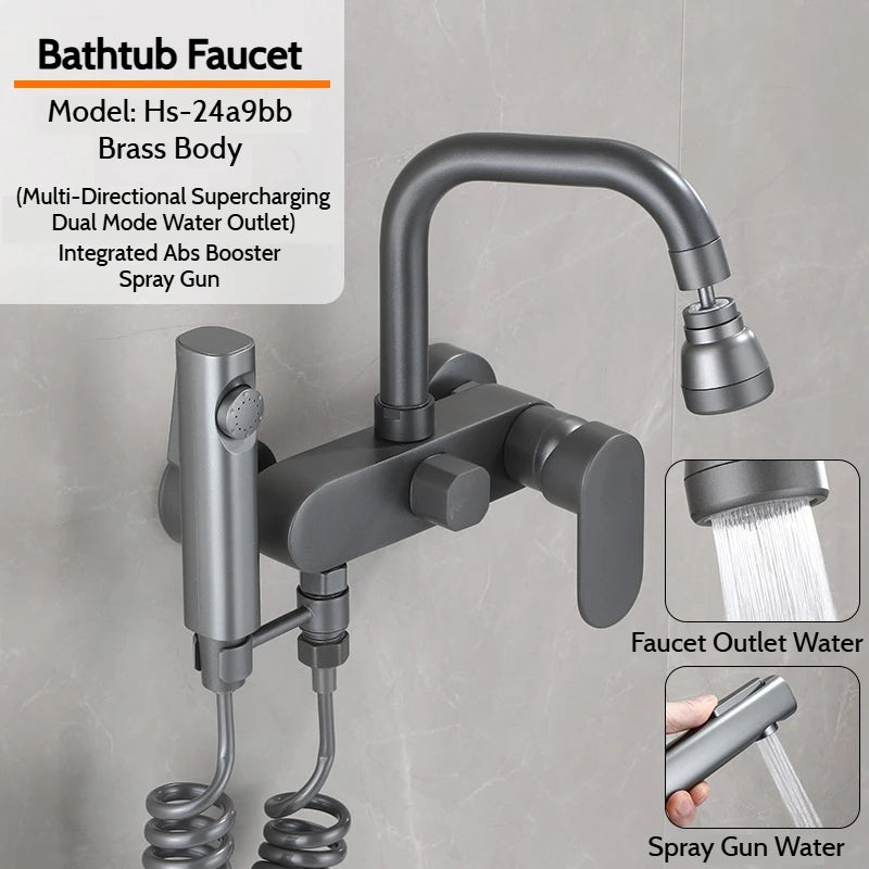Wall-Mounted Brass Bathtub Faucet with Long Spout and Spray Gun – Hot & Cold Mixer Tap