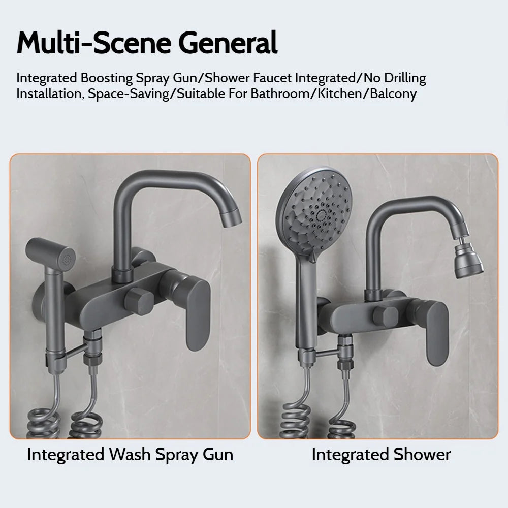 Wall-Mounted Brass Bathtub Faucet with Long Spout and Spray Gun – Hot & Cold Mixer Tap