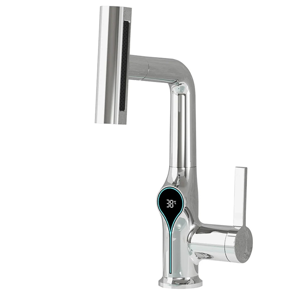 Waterfall Bathroom Faucet with Digital Temperature Display – Hot & Cold Lift-Up Basin Mixer Tap with Stream Sprayer