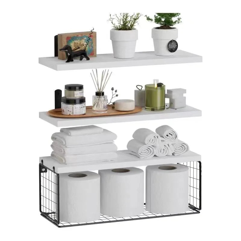 Wall-Mounted Wooden Floating Shelves – Set of 3 Rustic Bathroom Storage Racks with Metal Frame