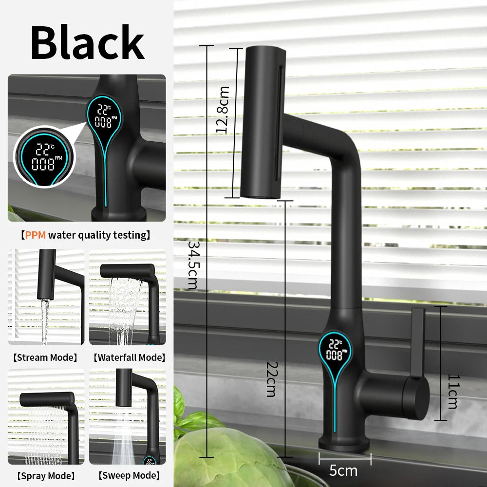 Waterfall Bathroom Faucet with Digital Temperature Display – Hot & Cold Lift-Up Basin Mixer Tap with Stream Sprayer