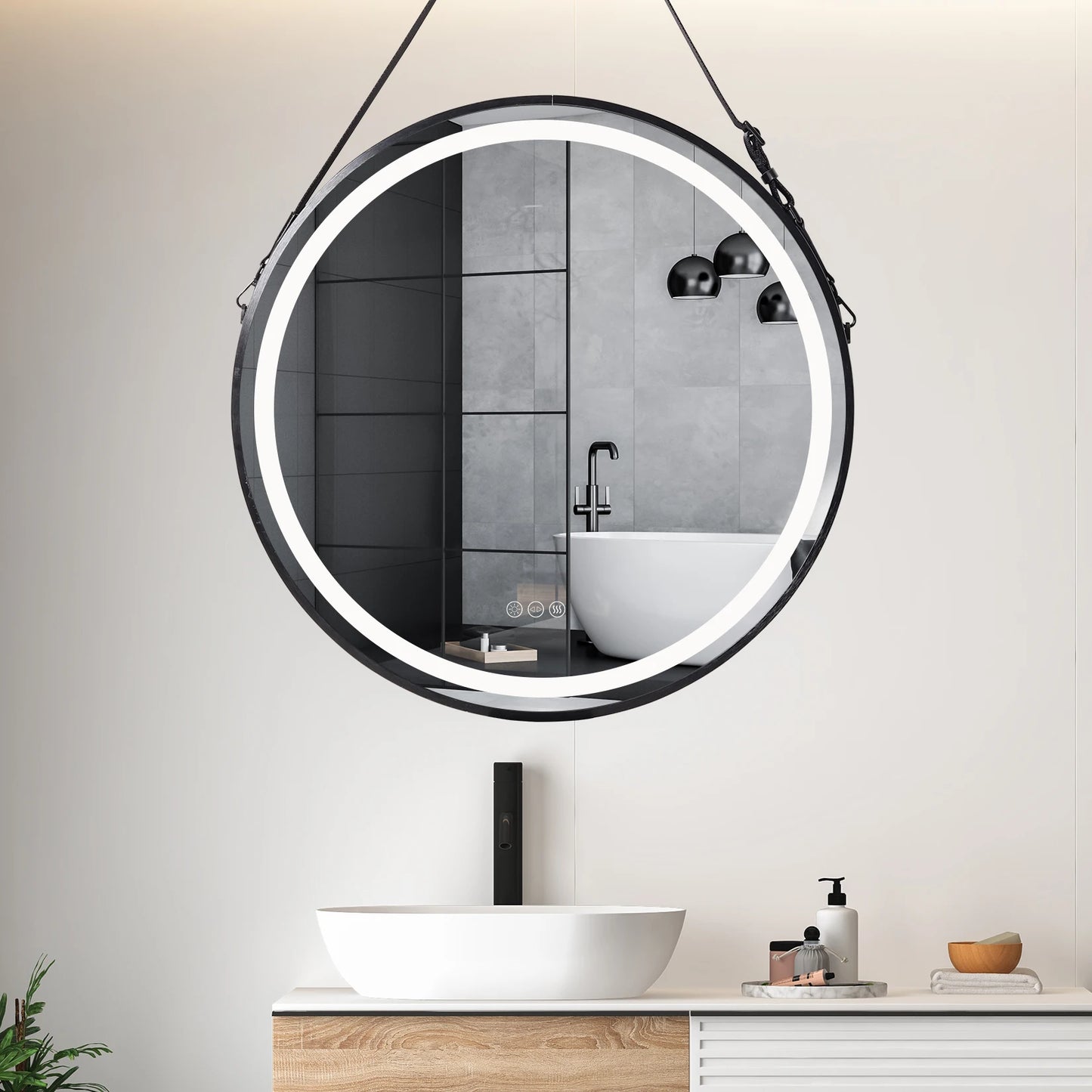 Wisfor Round LED Bathroom Mirror – Dimmable Anti-Fog Vanity Mirror with Touch Control & Hanging Rope