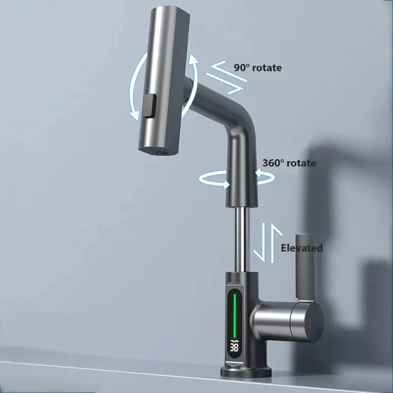 Waterfall Bathroom Faucet with Digital Temperature Display and Lift Sprayer