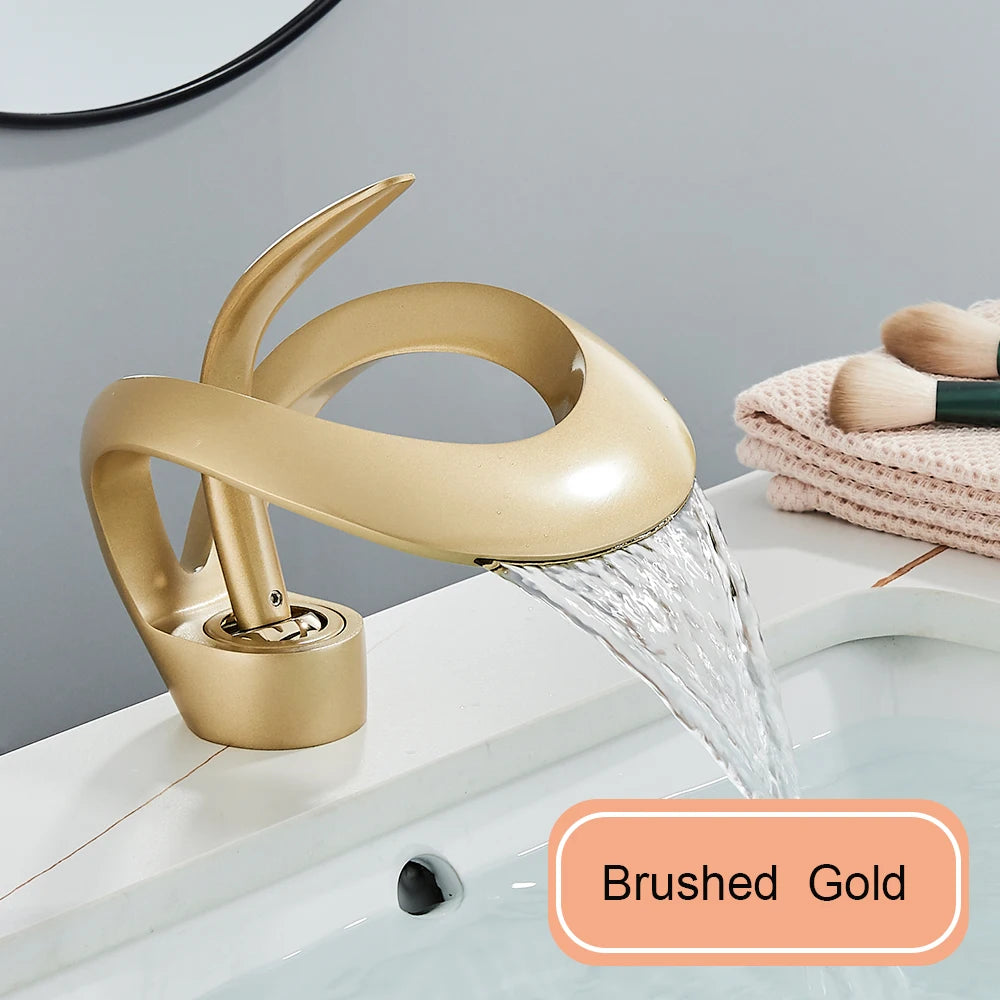 Gold Bathroom Basin Faucet Brass Waterfall Single Handle Crane Hot Cold Water Mixer Tap New Style