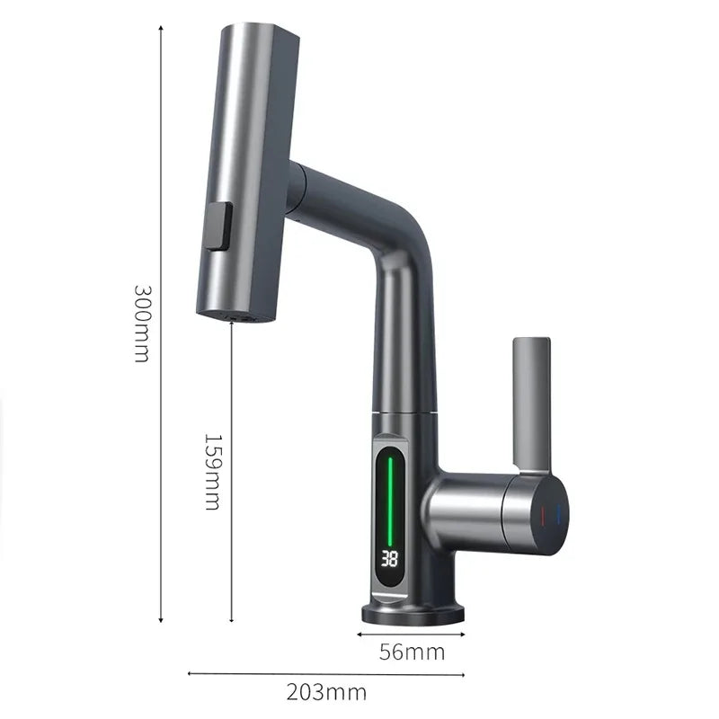 Waterfall Bathroom Faucet with Digital Temperature Display and Lift Sprayer