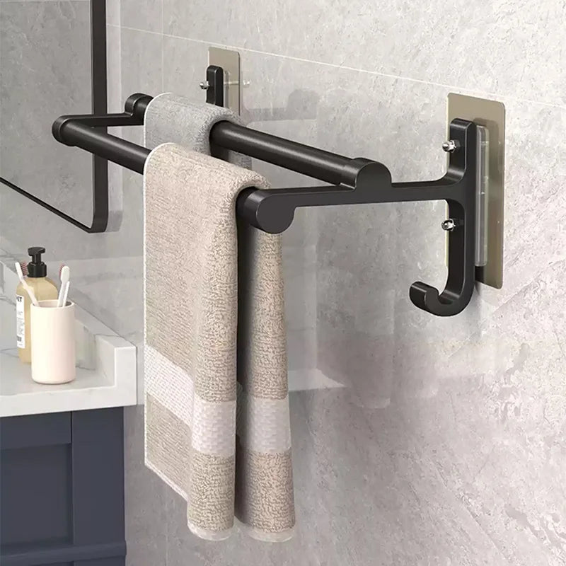 Double-Layer No-Drill Towel Rack – Self-Adhesive Aluminum Holder with Two Bars & Hooks