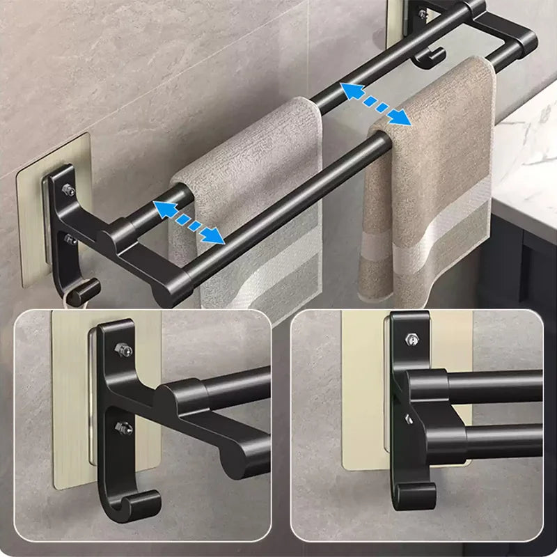 Double-Layer No-Drill Towel Rack – Self-Adhesive Aluminum Holder with Two Bars & Hooks