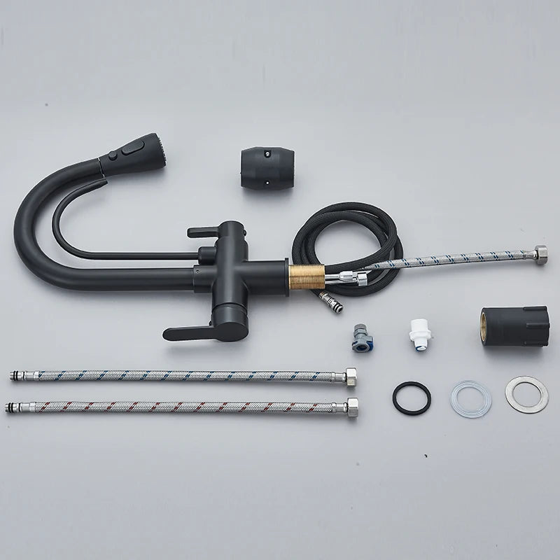 Black 360° Rotating Kitchen Faucet | 3-Way Filter Mixer with Pull-Out Sprayer