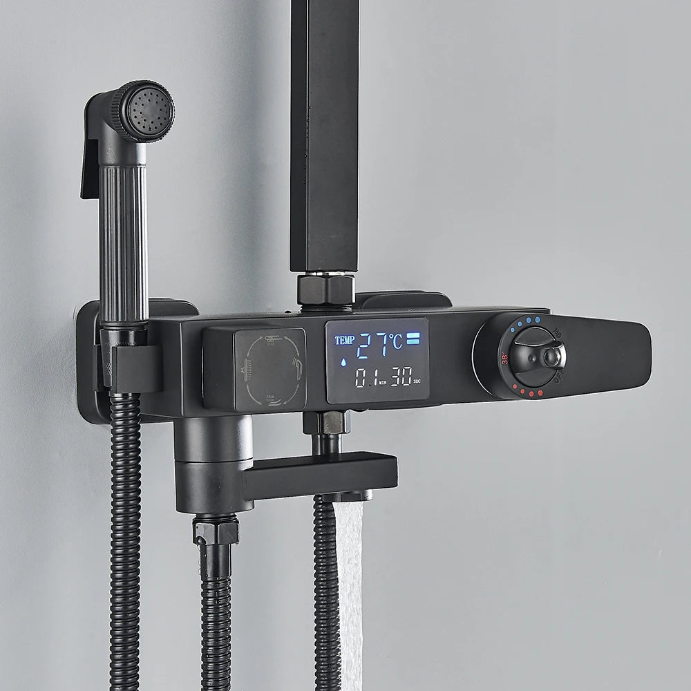 Black Digital Display Thermostatic Shower Faucet – 4-Way Rainfall Mixer Tap with Shelf & Bidet Faucets