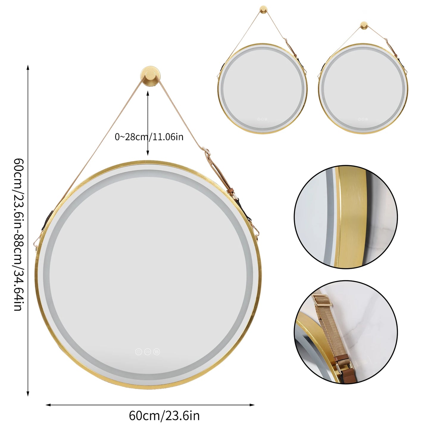 Wisfor Round LED Bathroom Mirror – Dimmable Anti-Fog Vanity Mirror with Touch Control & Hanging Rope