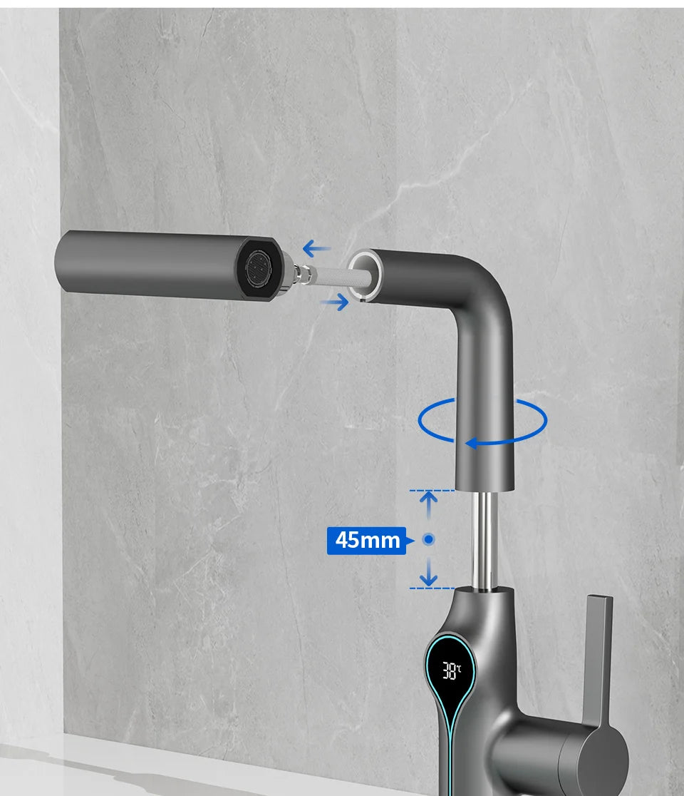 Waterfall Bathroom Faucet with Digital Temperature Display – Hot & Cold Lift-Up Basin Mixer Tap with Stream Sprayer