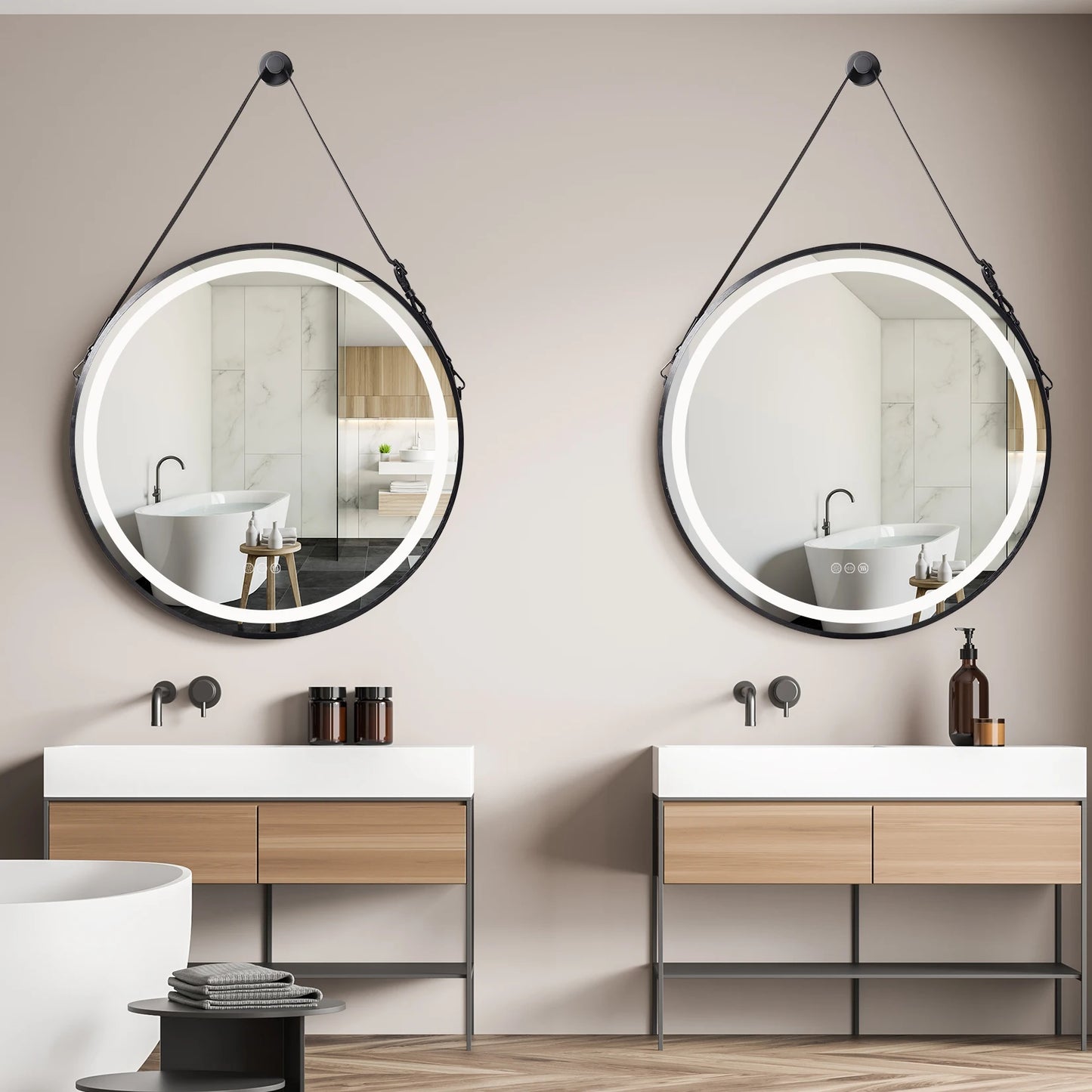 Wisfor Round LED Bathroom Mirror – Dimmable Anti-Fog Vanity Mirror with Touch Control & Hanging Rope
