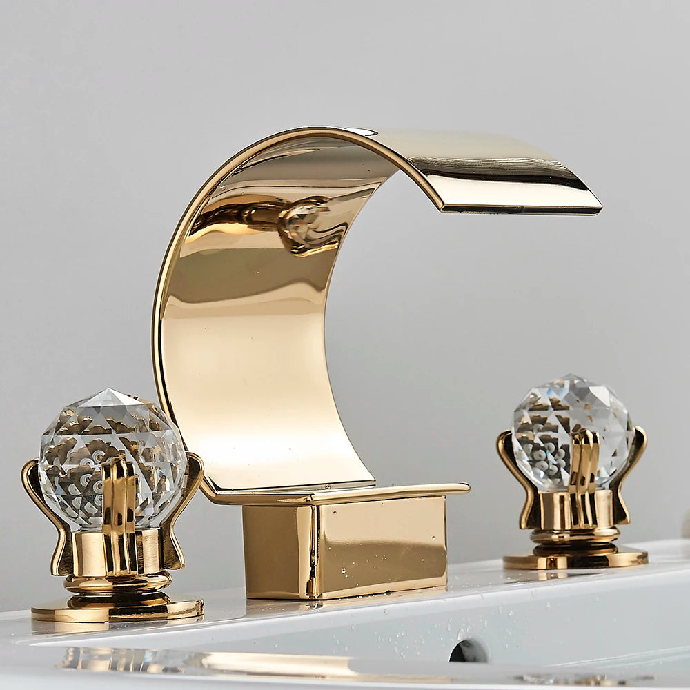 Senlesen Luxury Gold Waterfall Basin Faucet – Dual Crystal Handles, Brass Widespread Deck-Mounted Mixer