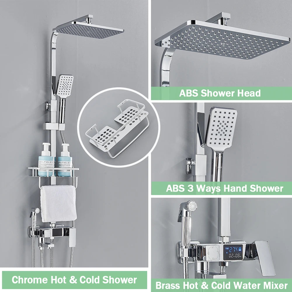 Black Digital Display Thermostatic Shower Faucet – 4-Way Rainfall Mixer Tap with Shelf & Bidet Faucets
