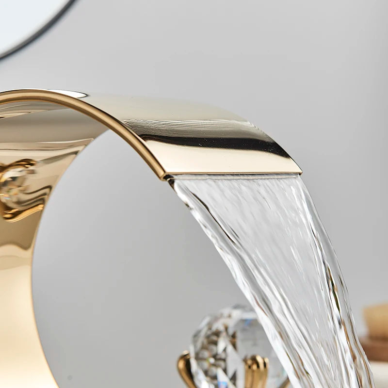 Senlesen Luxury Gold Waterfall Basin Faucet – Dual Crystal Handles, Brass Widespread Deck-Mounted Mixer