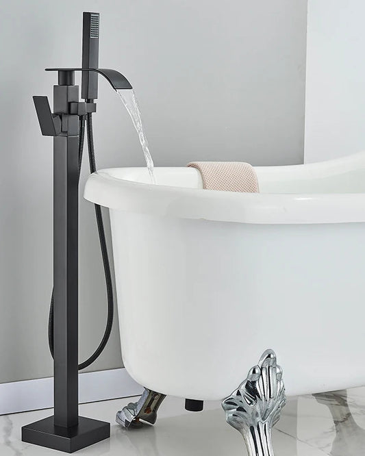 Black Floor-Standing Bathtub Faucet | Brass Waterfall Mixer Tap
