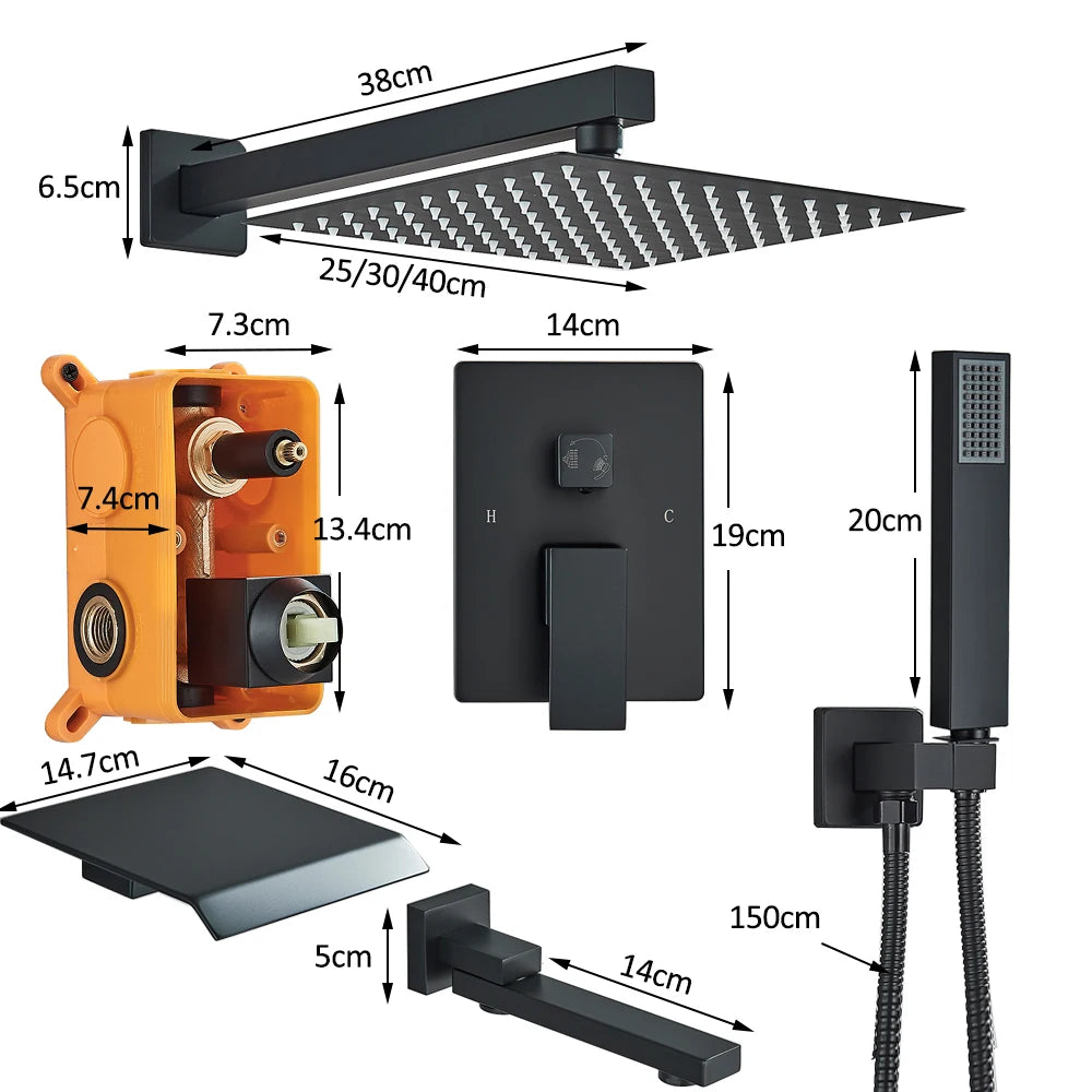 Black Concealed Rainfall Shower System – Wall-Mounted Waterfall Mixer Set with Tub Spout