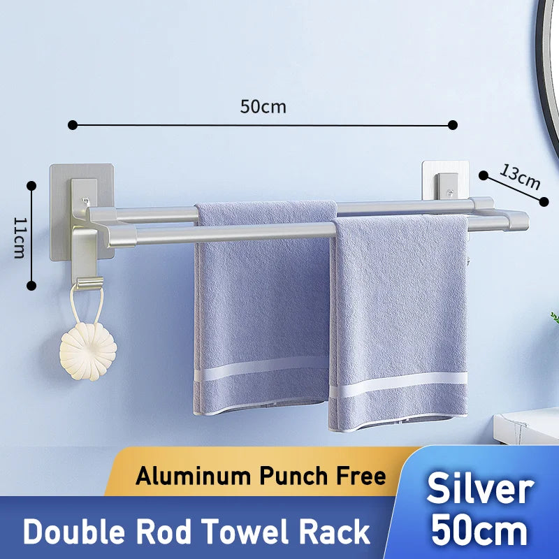 Double-Layer No-Drill Towel Rack – Self-Adhesive Aluminum Holder with Two Bars & Hooks