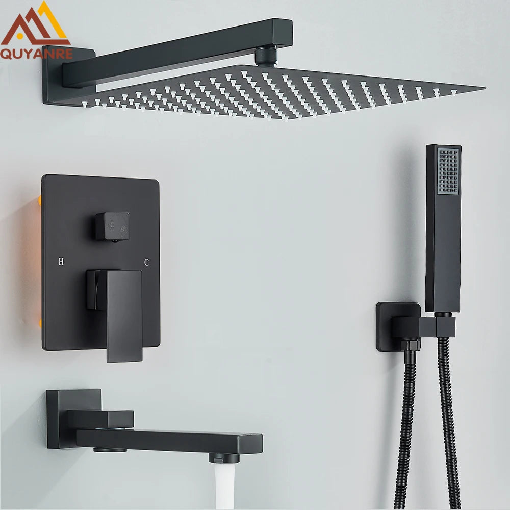 Black Concealed Rainfall Shower System – Wall-Mounted Waterfall Mixer Set with Tub Spout