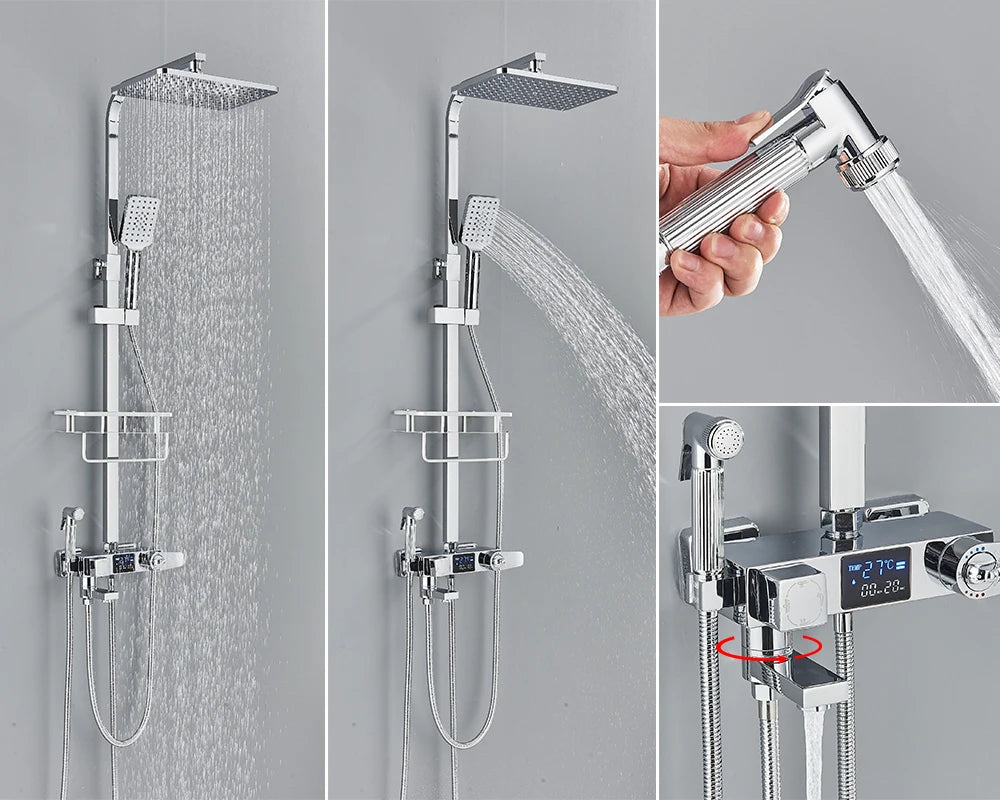 Black Digital Display Thermostatic Shower Faucet – 4-Way Rainfall Mixer Tap with Shelf & Bidet Faucets