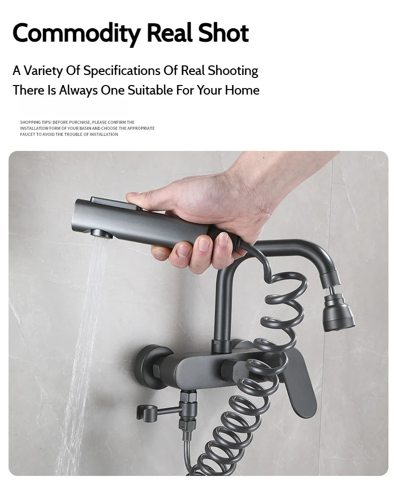 Wall-Mounted Brass Bathtub Faucet with Long Spout and Spray Gun – Hot & Cold Mixer Tap