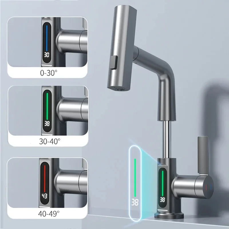 Waterfall Bathroom Faucet with Digital Temperature Display and Lift Sprayer