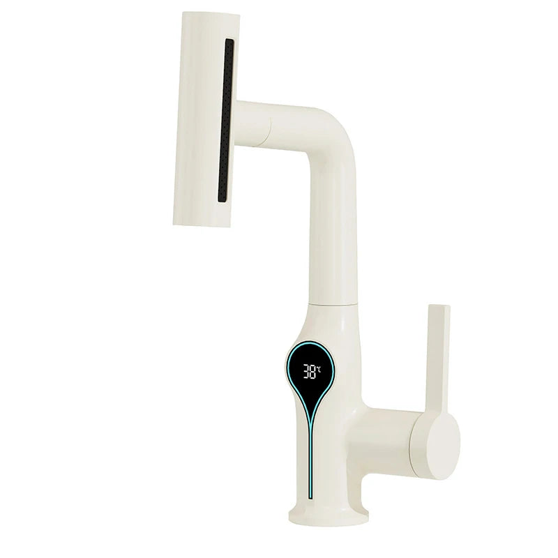 Waterfall Bathroom Faucet with Digital Temperature Display – Hot & Cold Lift-Up Basin Mixer Tap with Stream Sprayer