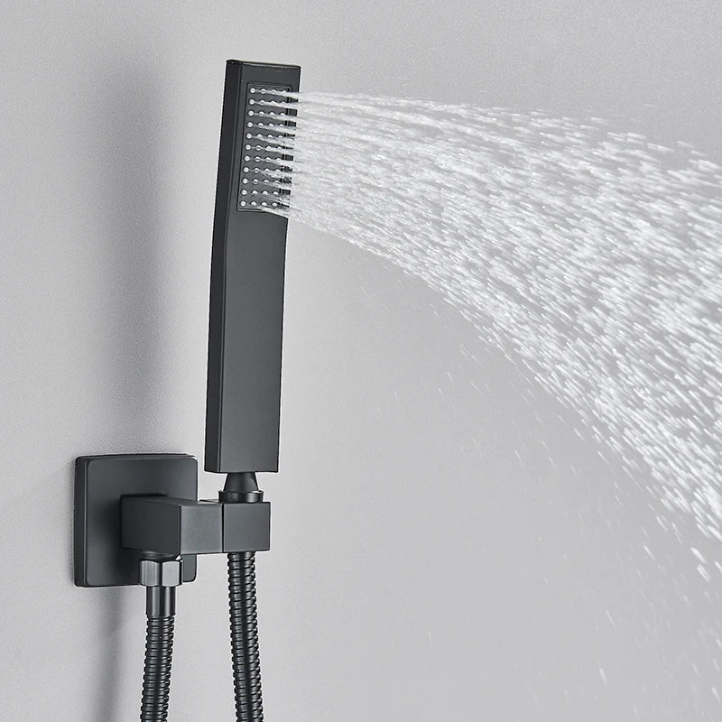 Black Concealed Rainfall Shower System – Wall-Mounted Waterfall Mixer Set with Tub Spout