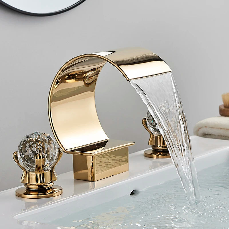 Senlesen Luxury Gold Waterfall Basin Faucet – Dual Crystal Handles, Brass Widespread Deck-Mounted Mixer