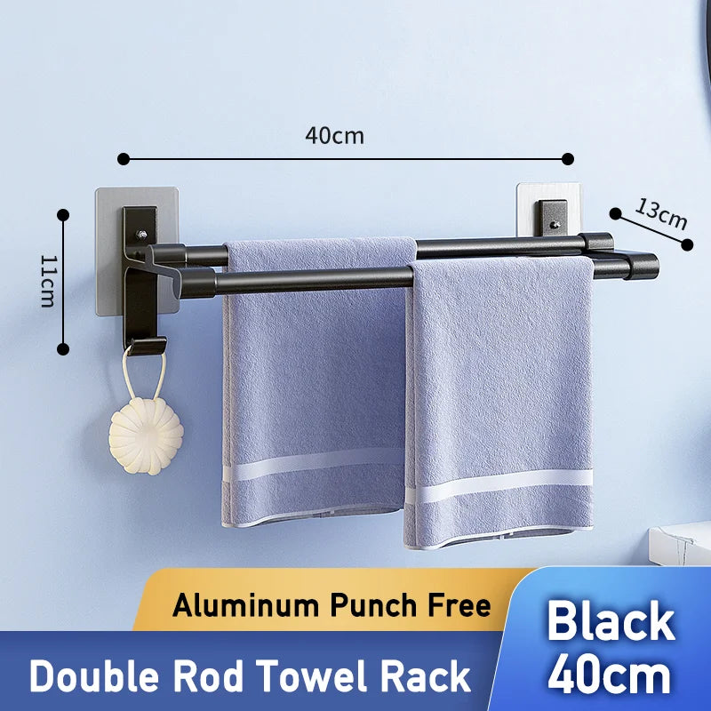 Double-Layer No-Drill Towel Rack – Self-Adhesive Aluminum Holder with Two Bars & Hooks