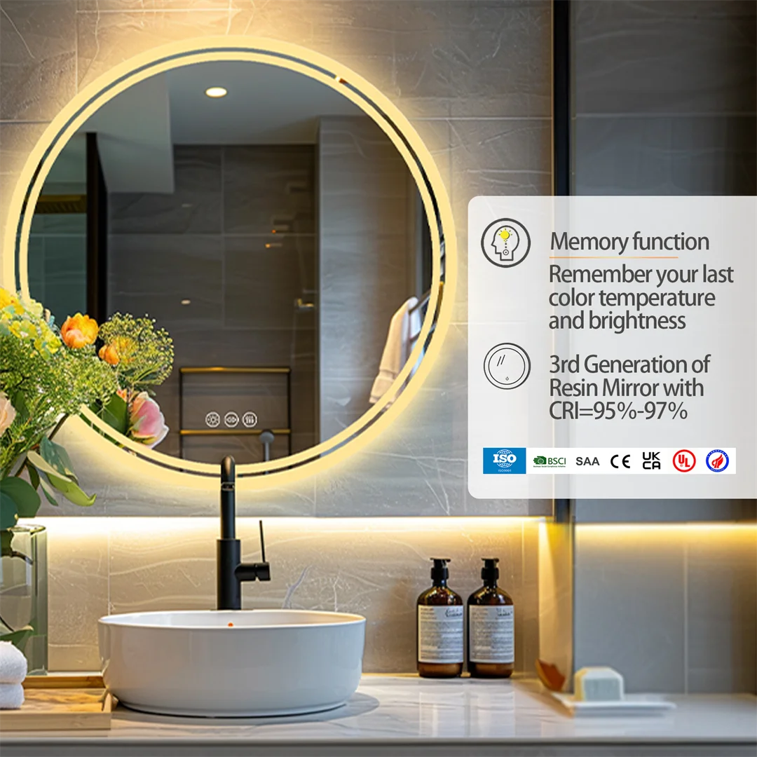 LUVODI 24" Round LED Bathroom Mirror – Smart Touch Dimmable Anti-Fog Wall-Mounted Vanity Mirror