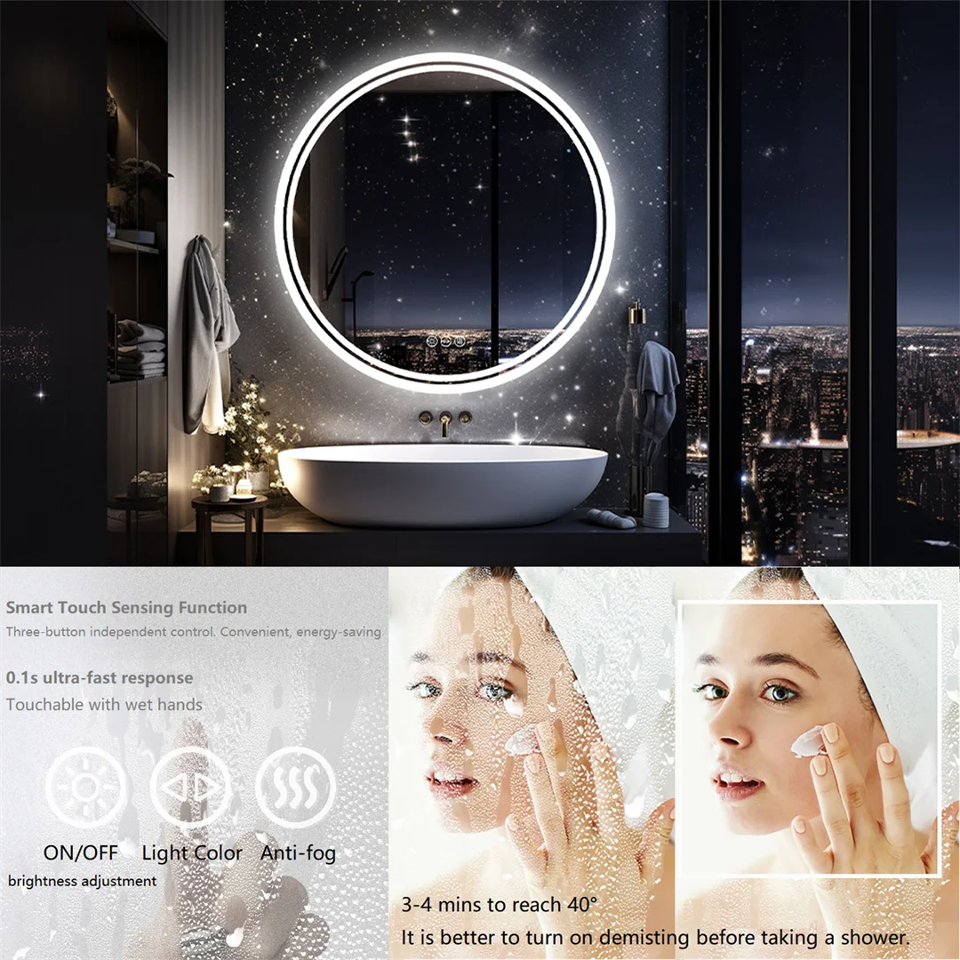 LUVODI 24" Round LED Bathroom Mirror – Smart Touch Dimmable Anti-Fog Wall-Mounted Vanity Mirror