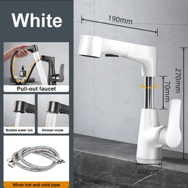 Dual-Function Pull-Down Bathroom Faucet – Adjustable Height, 360° Rotation, Anti-Leak Brass Core (Black / Silver / White)
